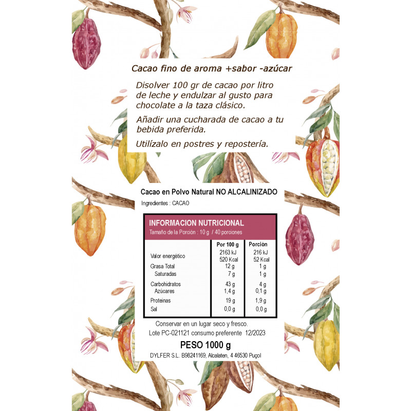 Cacao en polvo Perú 1kg, natural no alcalinizado